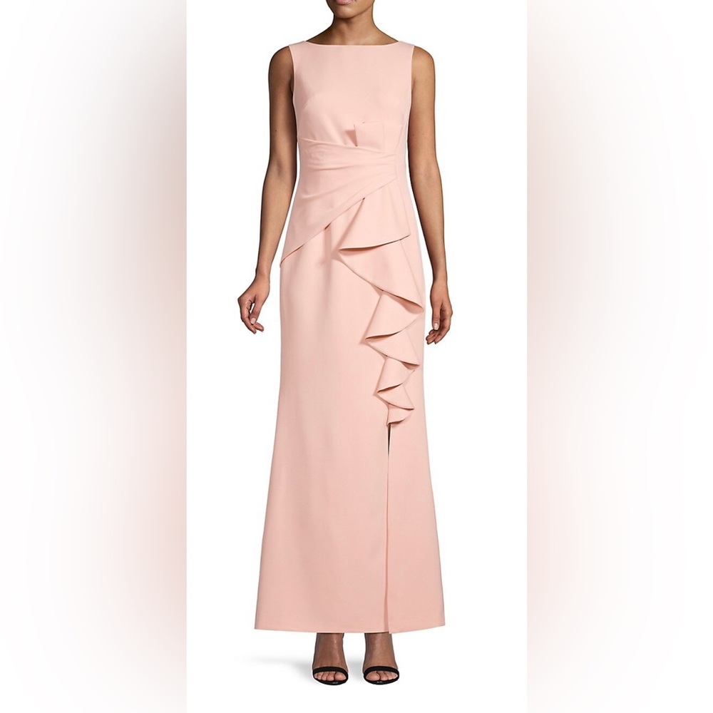 Eliza J, Ruffle Front Crêpe Gown, Blush, sz 8